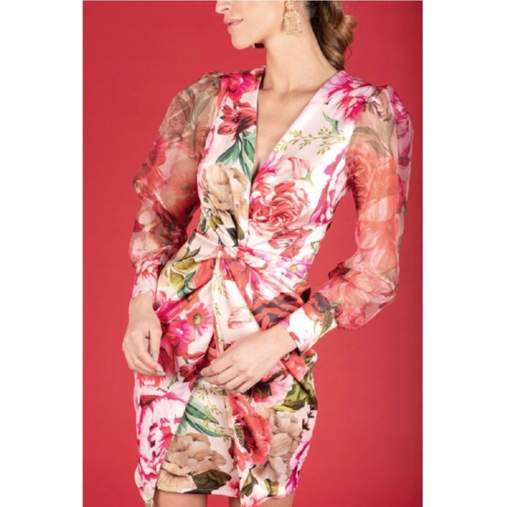Sexy Floral Print Mesh Sleeve Cocktail Dress